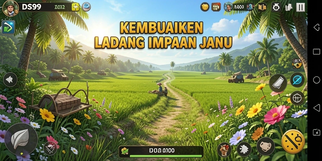 Tampilan gameplay DS99 yang menampilkan ladang yang subur.