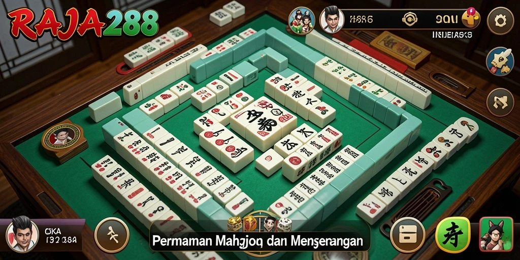 Tampilan gameplay menarik dari RAJA288 dengan ubin Mahjong berwarna-warni.