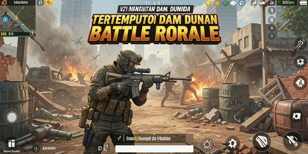 Tangkapan layar utama V21 menunjukkan aksi pertempuran Battle Royale yang mendebarkan.